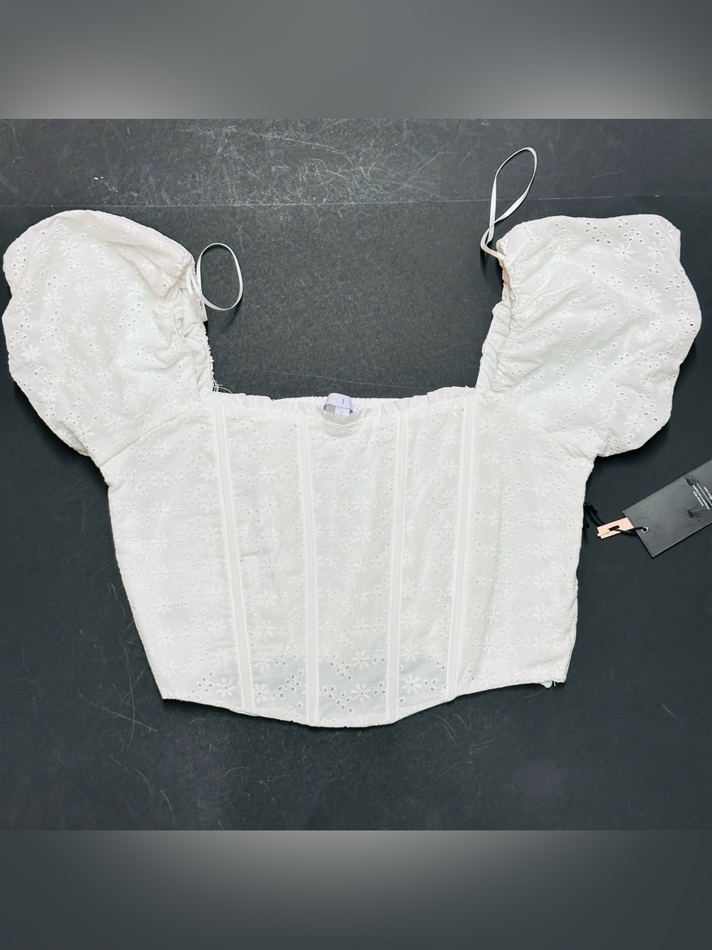 IRIS NWT White Floral Eyelet Puff Sleeve Corset Crop Top Size L